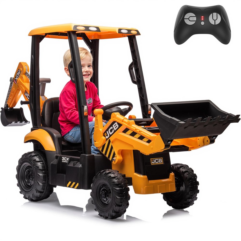 12V JCB Ride On Excavator, Ride on Toys for Kids 4-8, Electric Car for Kids with Tractor, Bulldozer, Digging Arm, Backhoe Loder with Slow Start/Stop, Adjustable Speeds (Excavator, Yellow with Roof)