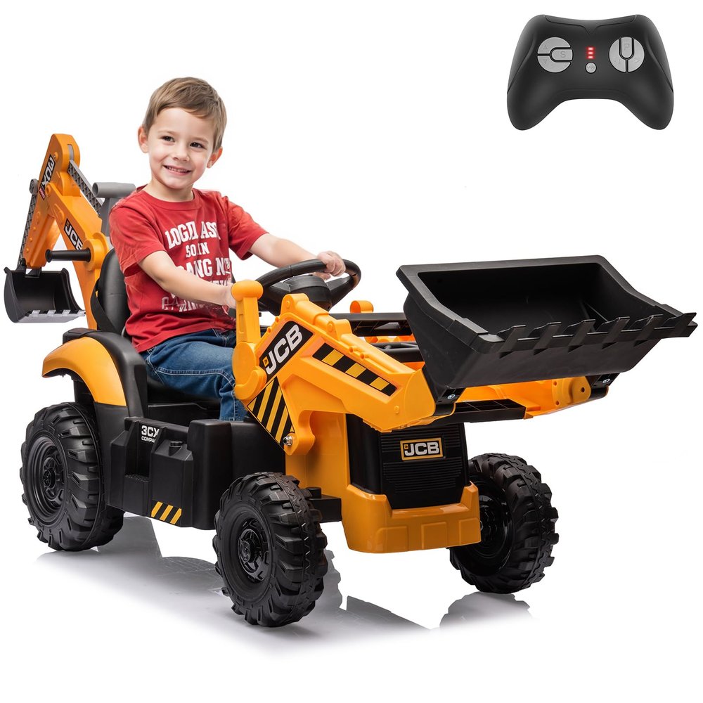 24V JCB Ride on Excavator, Ride on Toys for Big Kids with Remote Control,Ride on Backhoe Digger w/Tractor, Bulldozer, Ride on Car with Slow Start/Stop, Adjustable Speeds (Excavator, Yellow)