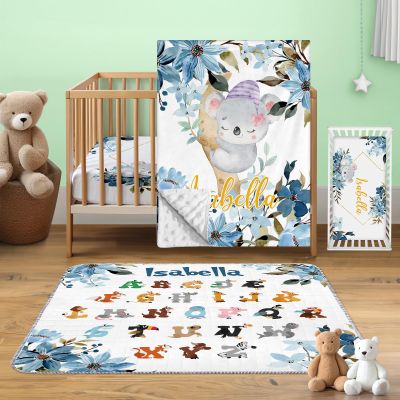 Rucekia Custom Koala Crib Bedding Set with Name: 3 Piece Blue Crib Bedding Set for for Baby Boys Girls, Infants and Toddlers, Custom Baby Gifts Floral Nursery Bedding Set Neutral