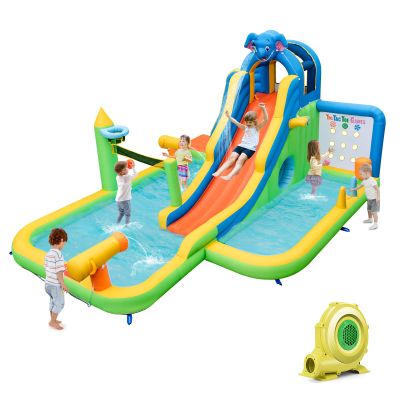 HONEY JOY Inflatable Water Slide, 9 in 1 Elephant Waterslide Water Park for Kids Backyard, Splash Pool, Tic Tac Toe, Climbing Wall, Water Slides Inflatables for Kids and Adults(with 735w Blower)
