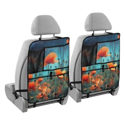 innewgogo Watercolor Flowers Red Poppies 2 Pack Kick Mats Car Back Seat Protector for Kids Premium Back Seat Cover with 3 Storage Pockets Car Seat Organizer for Most Trucks Cars SUV Child Feet
