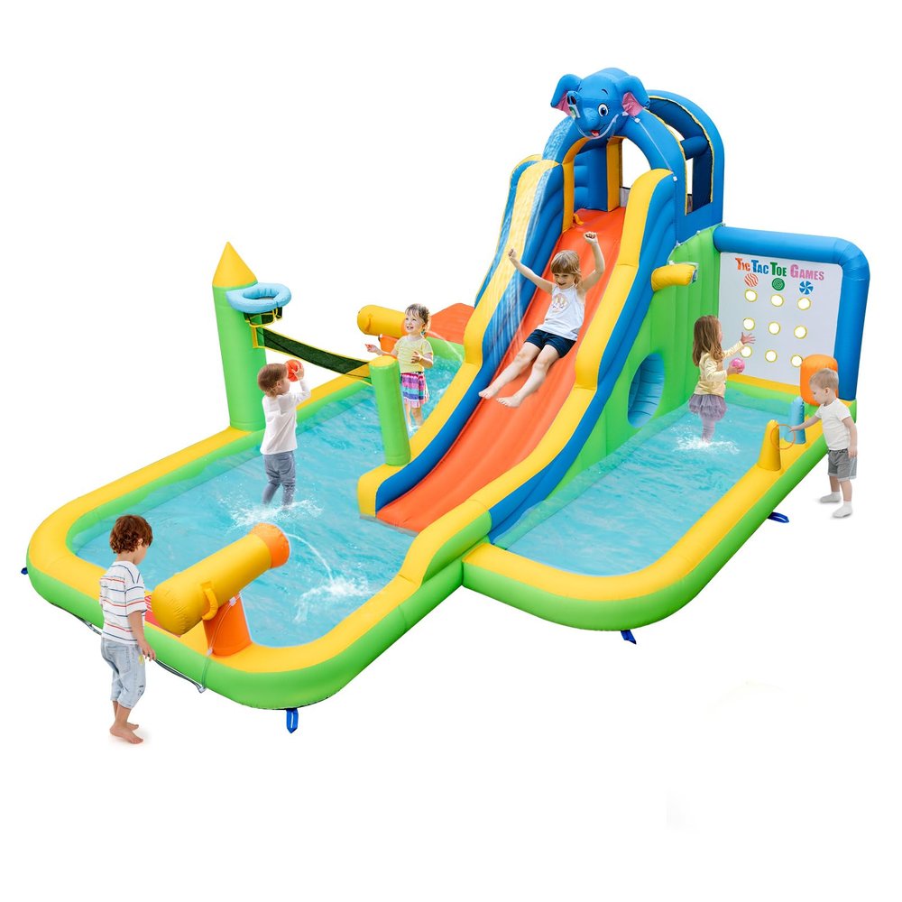 HONEY JOY Inflatable Water Slide, 9 in 1 Elephant Waterslide Water Park for Kids Backyard, Splash Pool, Tic Tac Toe, Climbing Wall, Water Slides Inflatables for Kids and Adults(Without Blower)