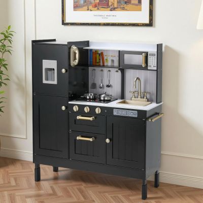 Arlopu Play Kitchen for Kids, Wooden Toy Toddler Kitchen Sets, Sturdy Pretend Cooking Playset with Storage & Accessories, Realistic Light & Sound, Stove, Fridge, Microwave, Removable Sink (Black)