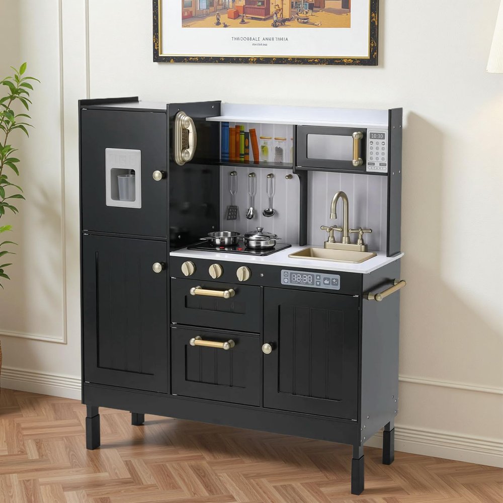 Arlopu Play Kitchen for Kids, Wooden Toy Toddler Kitchen Sets, Sturdy Pretend Cooking Playset with Storage & Accessories, Realistic Light & Sound, Stove, Fridge, Microwave, Removable Sink (Black)