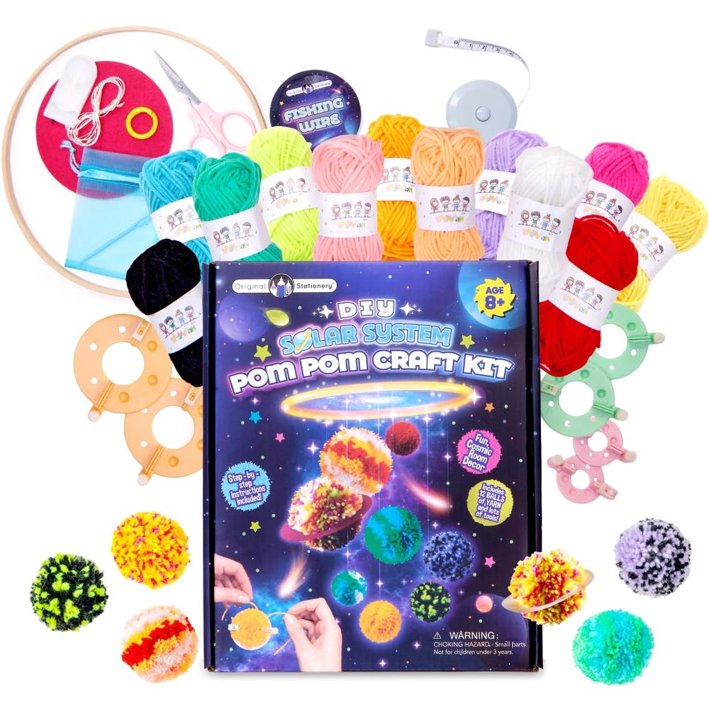 Original Stationery Solar System DIY Pom Pom Craft Kit - 12 Yarn Planets, Yarn Crafting, Ages 8& up - Solar System Model for Kids