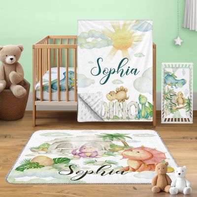 Rucekia Custom Name Dinosaur Baby Boys Crib Bedding Set: Personalized 3 Piece Soft Crib Bedding Set for Toddlers, Personalized Infant Gifts Light Green Crib Sets with Soft Crib Sheet