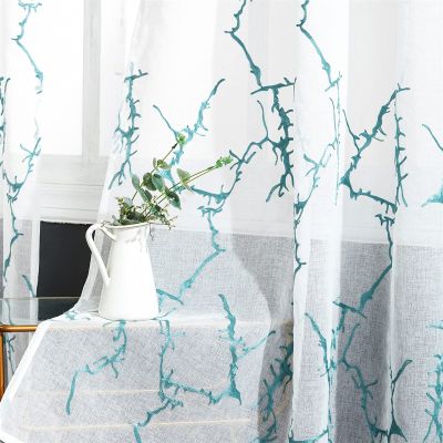 HooHero Deepblue Rod Pocket Modern Simple Style Branch Pattern Embroidery 54 Wide 1 Panel Sheer Curtains Kids Baby Room Bedroom Home Decoration Gauze Tulle Panel