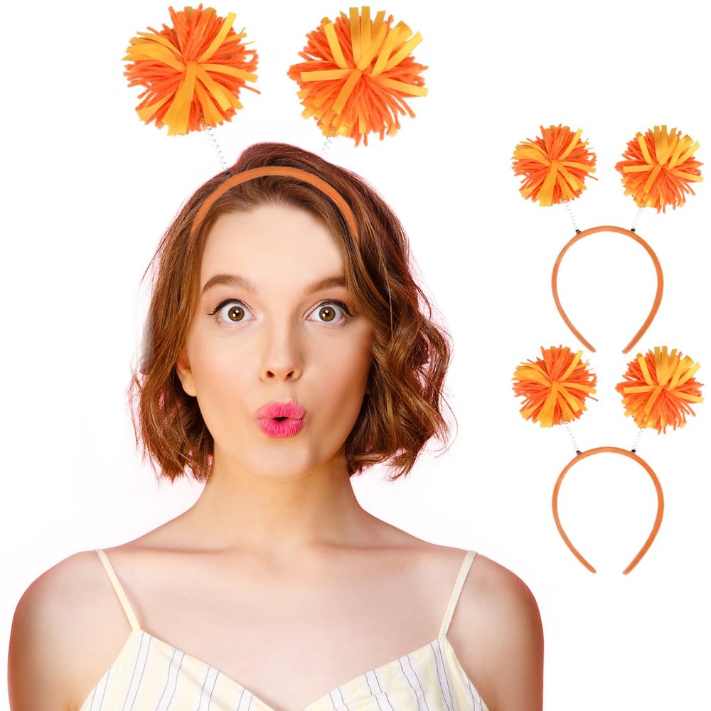 2 Pieces Pom Pom Head Bopper-Yarn Spings Pom Headwear Party Headband for Adults and Kids (Orange)
