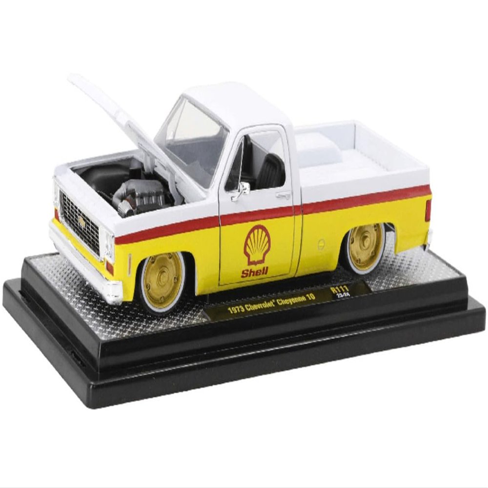 M2 1973 Chevy Cheyenne 10 Pickup Truck White and Yellow with Red Stripes Limited Edition to 7050 Pieces Worldwide 1/24 Diecast Model Car 40300-111A