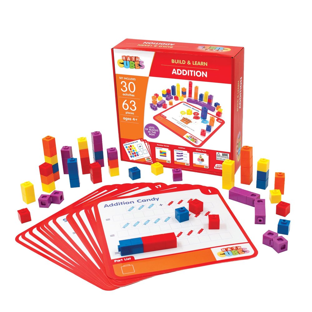 Junior Learning: Mathcubes - Addition - 30 Activity Set, Build & Learn, Blocks & Boards Hands On Math, Developmental & Education Set, Kids Ages 4+
