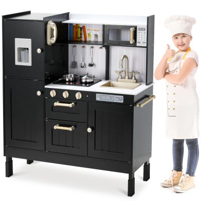 Clevich Wooden Play Kitchen for Kids, Toddler Vintage Kitchen Toy Set w/Pretend Phone, Ice Maker, Towel Rack, Height Adjustable Realistic Playset Chef w/Light & Sound (Black)
