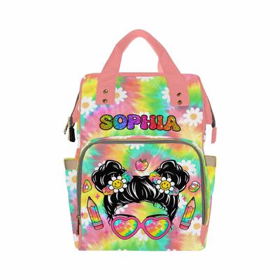 Custom Name Diaper Bag Customized Baby Flower Pink Mommy Nappy Bags with Multi Pocket & Large Capacity Personalized Nappy Changing Bag Nursing Mommy Daypack with Multi Pockets for New Mom