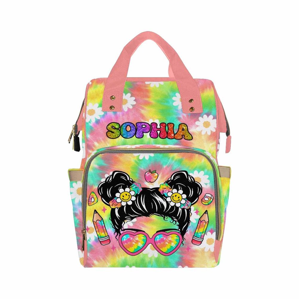 Custom Name Diaper Bag Customized Baby Flower Pink Mommy Nappy Bags with Multi Pocket & Large Capacity Personalized Nappy Changing Bag Nursing Mommy Daypack with Multi Pockets for New Mom