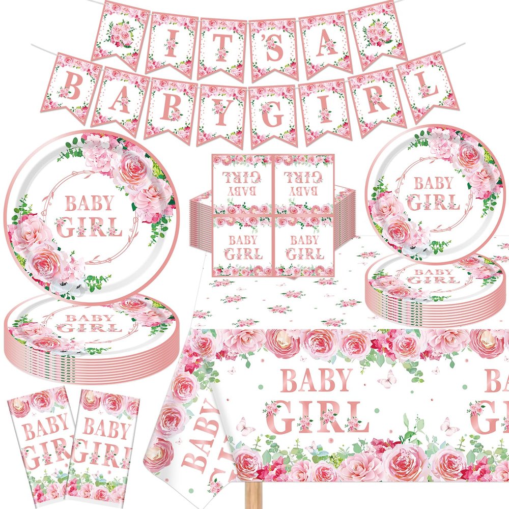 123 Pack Floral Sweet Babygirl Party Supplies Baby in Bloom Birthday Party Deco Set Baby Shower Deco for Girl Party Supplies Include Plates, Napkins, Birthday Banner, Tablecloth for 40 Guests