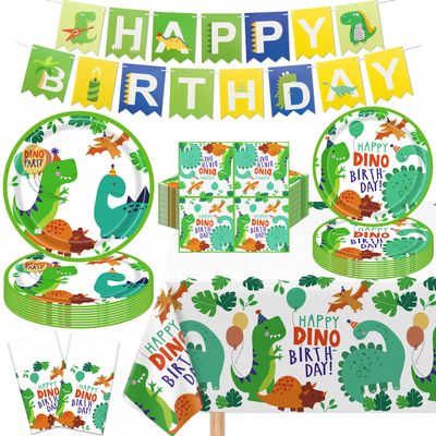 123 Pack Dinosaur Party Supplies Dino Birthday Party Decorations Set Dinosaur Themed Happy Birthday Supplies Include Plates, Napkins, Banner, Tablecloth for 40 Guests