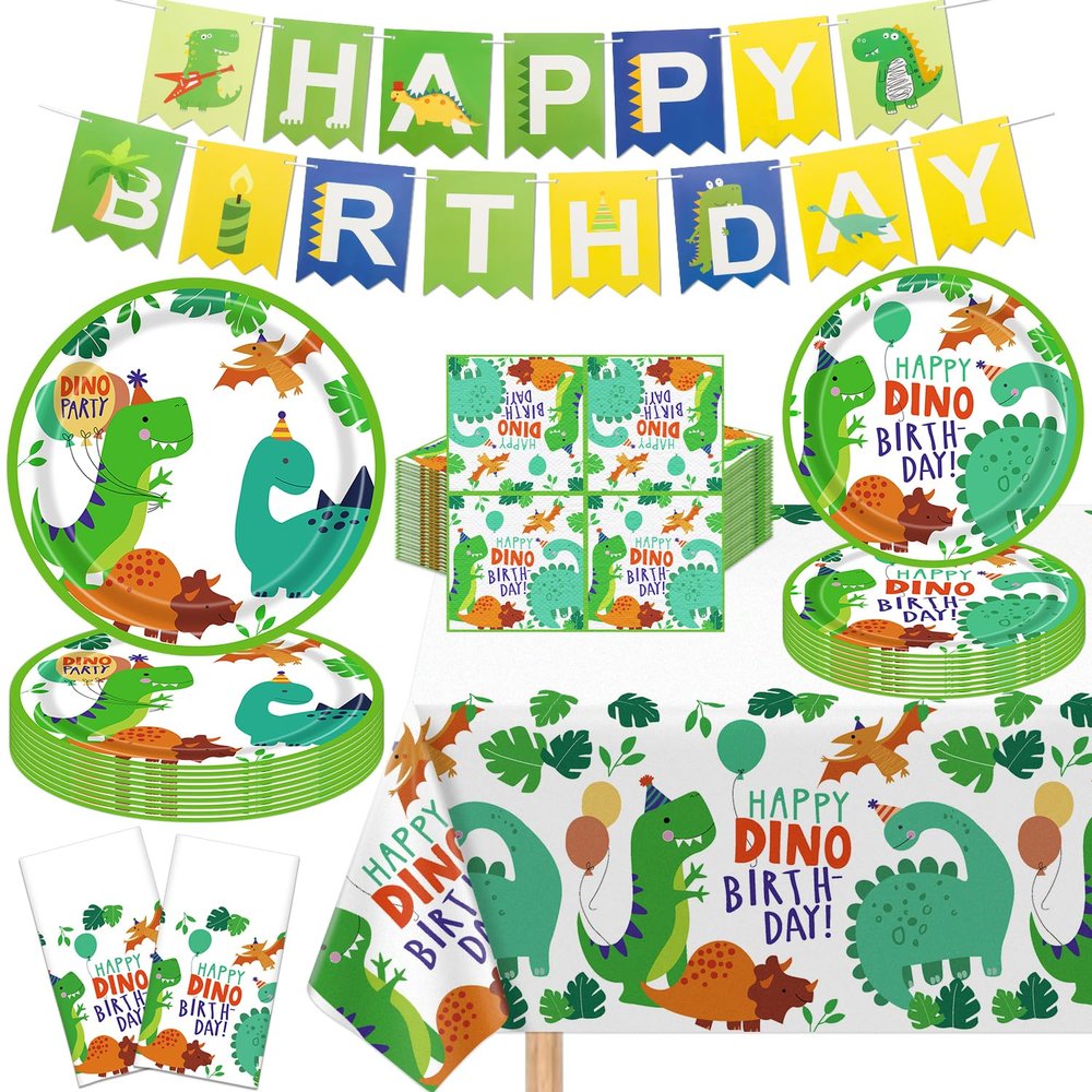 123 Pack Dinosaur Party Supplies Dino Birthday Party Decorations Set Dinosaur Themed Happy Birthday Supplies Include Plates, Napkins, Banner, Tablecloth for 40 Guests