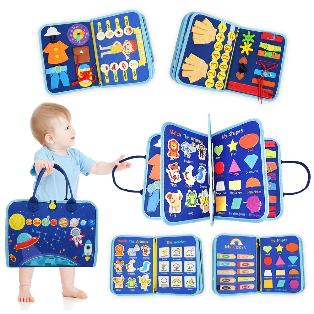 Busy Board for Toddlers 1-3 Sensory Busy Book for 1+ Year Old Boys Girls Montessori Learning Activity Books Birthday Christmas Toddler Gift (Planet)