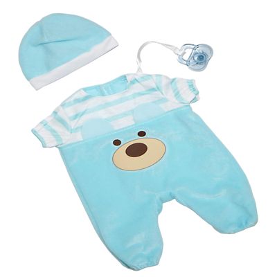 JC Toys |Blue Bear Onesie | Baby Doll Outfit + Hat + Pacifier | | Ages 2+ | Fits Dolls 12"- 14"