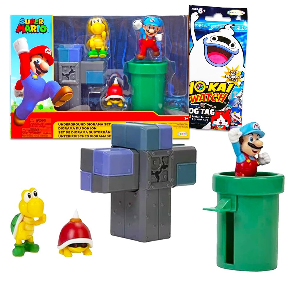 Super Mario Diorama Set for Kids - Bundle with Mario Diorama Playset with Super Mario Figurine, Interactive Pieces, and More | Super Mario Underground Playset