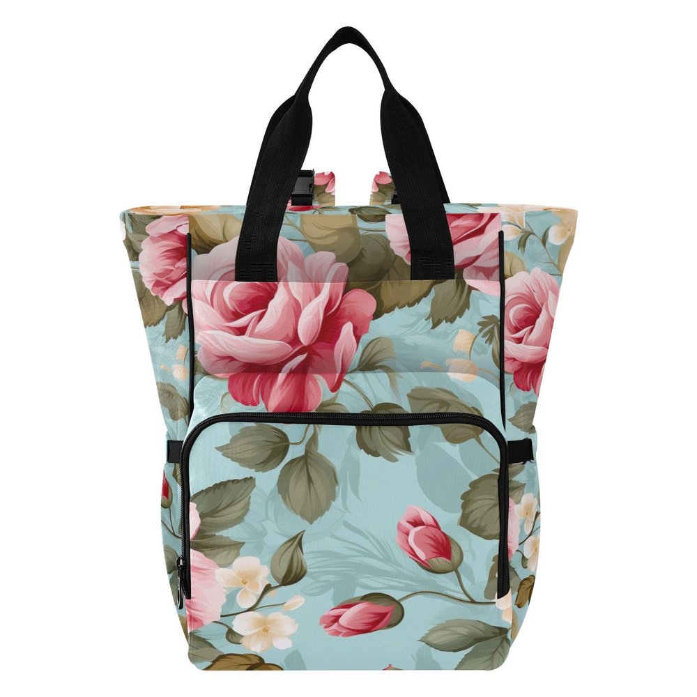 SPRIPORT Rose Peony Blue Diaper Bag Backpack for Baby Boys Girls Multifunction Travel Tote with Stroller Straps & Bottle Storage Maternity Baby Changing Bags for Moms Dads Traveling Shopping Hiking