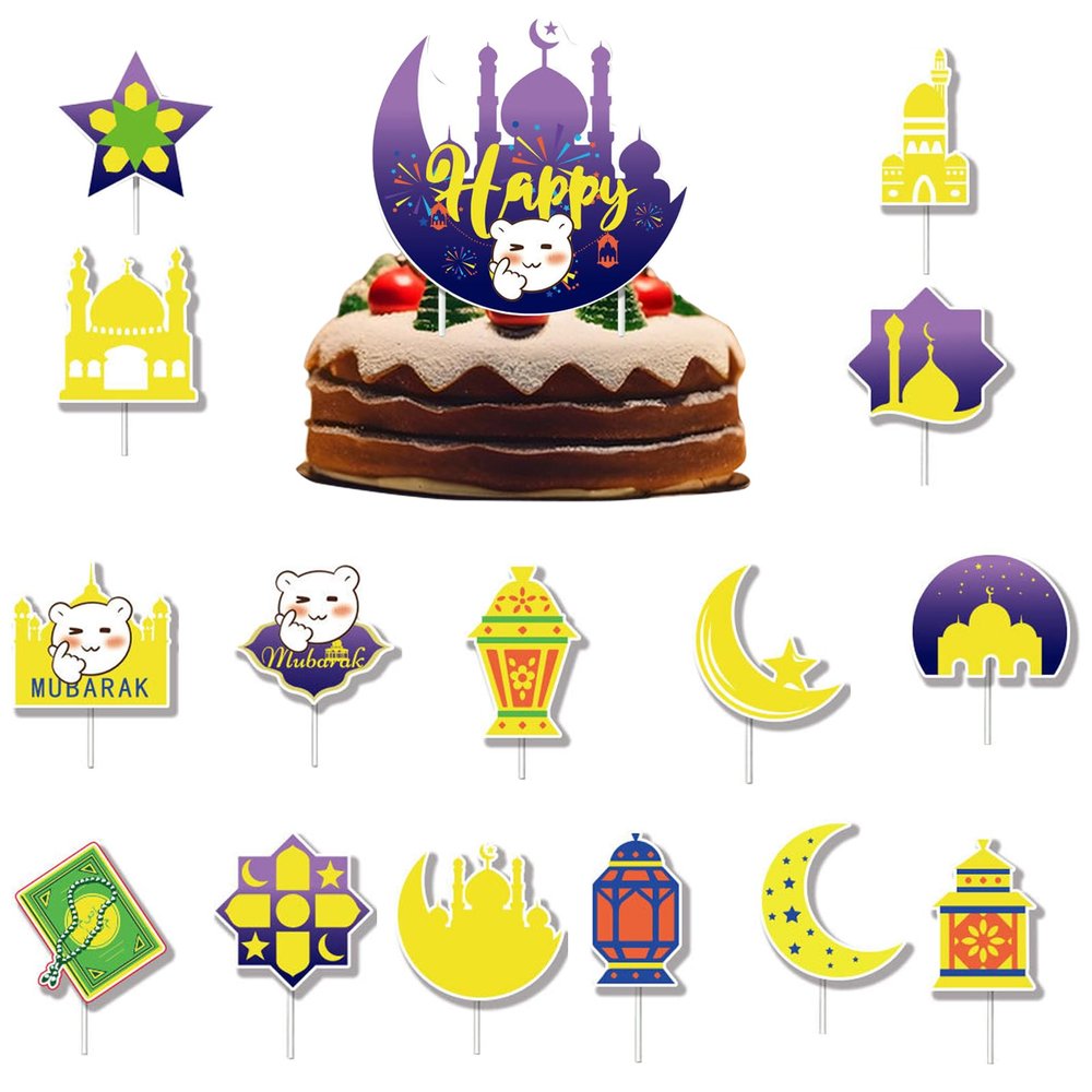 16pcs Eid Mubarak Cake Topper Ramadan Kareem Cupcake Topper Star Moon Castle Cake Picks Islamic Muslim Eid Mubarak Festival Party Cake Decorations Supplies