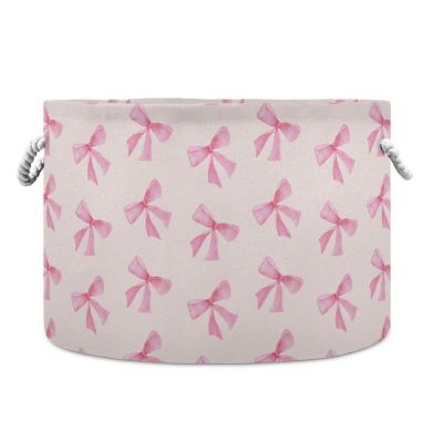 Burbuja Pink Bow Round Storage Basket with Cotton Rope Handles, Laundry Basket for Blankets, Nursery, Living Room Decoration
