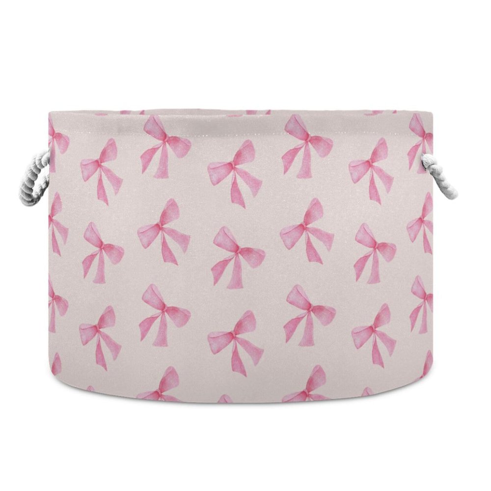 Burbuja Pink Bow Round Storage Basket with Cotton Rope Handles, Laundry Basket for Blankets, Nursery, Living Room Decoration
