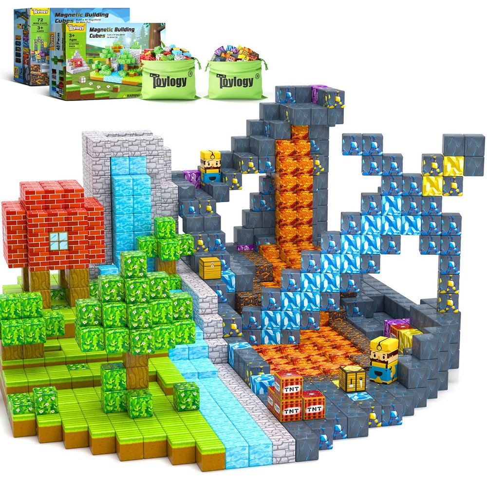 120PCS Magnetic Blocks-Build Mine Magnet World Set for Boys & Girls Age 3-5 6-8, STEM Sensory Toys for Toddlers Gifts for 3+ Years Old Girls Boys