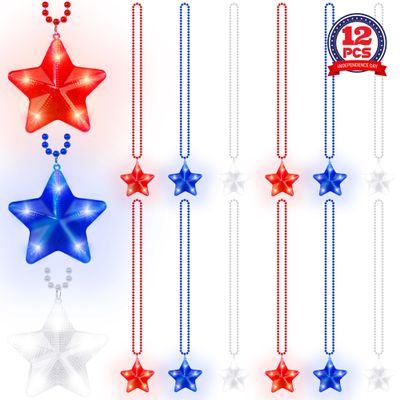 12PCS 4th of July Necklaces, Red White Blue Star Light Necklace Party Favor, Patriotic Independence Day Fourth of July Beads Necklace Bulk, Glow Accessories for Memorial Veterans Day Party Parades