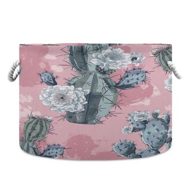 GOODOLD Cactus Pattern Pink Extra Large Storage Basket Decorative Laundry Basket with Handles, Rope Basket for Clothes, Blanket, Towel, 20 x 14 Inch