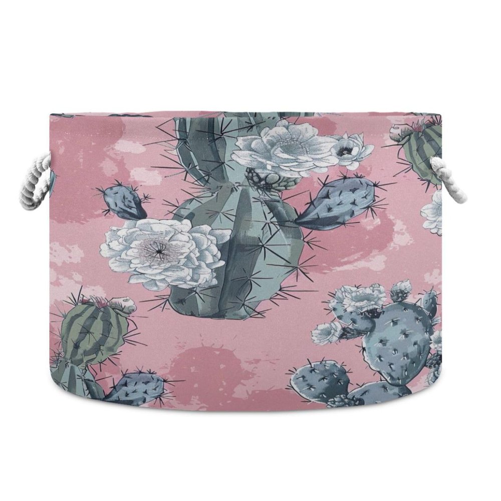 GOODOLD Cactus Pattern Pink Extra Large Storage Basket Decorative Laundry Basket with Handles, Rope Basket for Clothes, Blanket, Towel, 20 x 14 Inch
