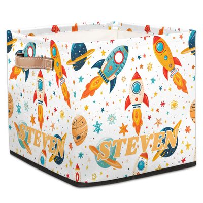 Custom Name Universe Planet Storage Basket Personalized Foldable Space Astronaut Storage Bin with Handle for Kids Boys Clothes Toys Dolls Home Nursery Dorm Bedroom,Star Rocket 2