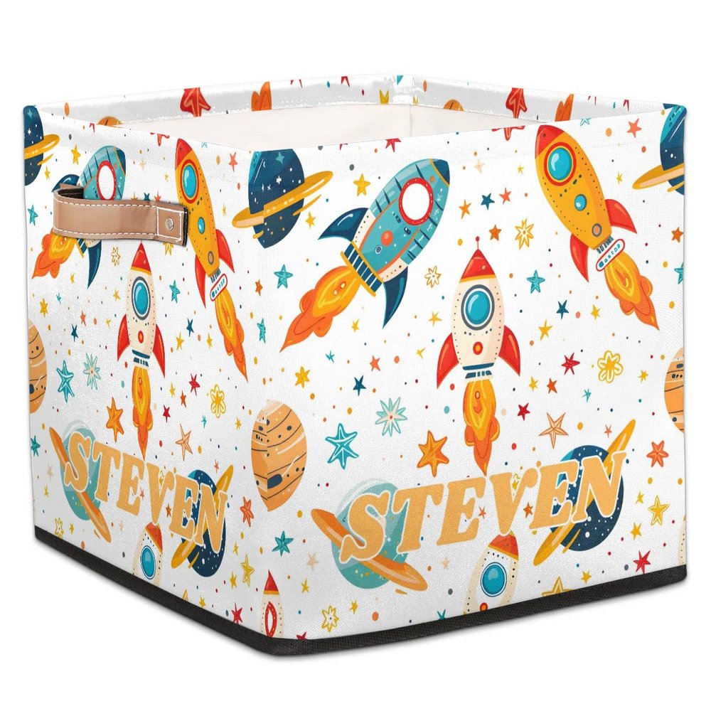 Custom Name Universe Planet Storage Basket Personalized Foldable Space Astronaut Storage Bin with Handle for Kids Boys Clothes Toys Dolls Home Nursery Dorm Bedroom,Star Rocket 2