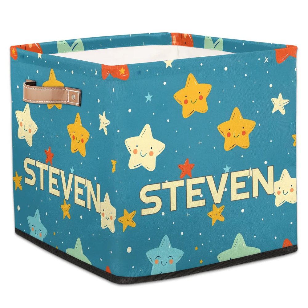 Custom Name Universe Planet Storage Basket Personalized Foldable Space Astronaut Storage Bin with Handle for Kids Boys Clothes Toys Dolls Home Nursery Dorm Bedroom,Blue Sky
