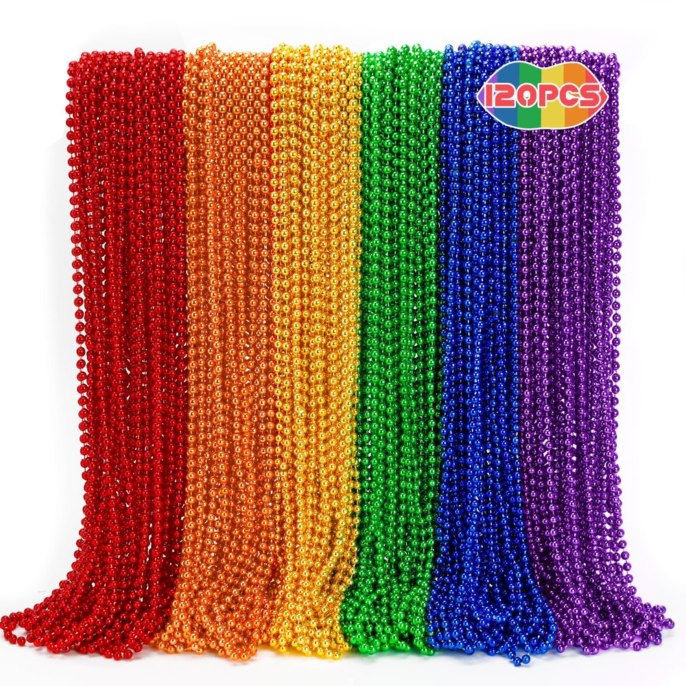 120PCS Pride Month Beads, Pride 6 Kinds Beads Necklace Accessories Bulk, Rainbow Metallic Gay Lesbian LGBTQ Bead Necklace, LGBT Beaded Costumes Decorations for Parade Throws Party Favors