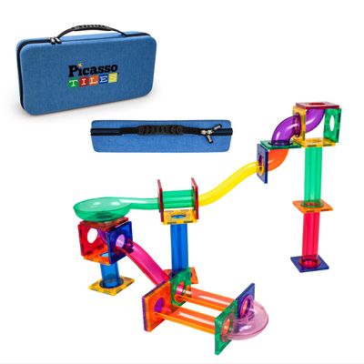 PicassoTiles 50PC Marble Run Race Track + Carry Case Bundle: STEAM Educational Playset for Kids Includes Travel Storage Organizer - Fun Learning Construction Toy, Creative Design, Sensory Development