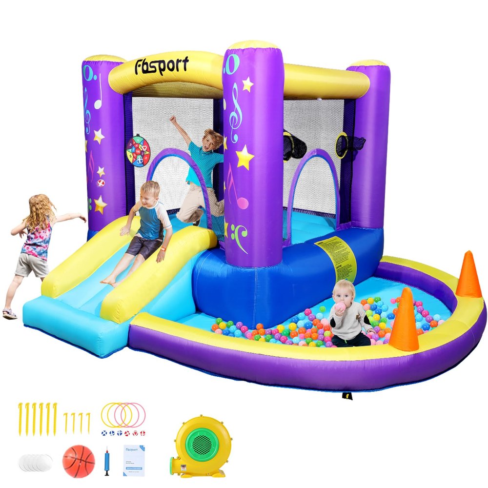 FBSPORT Inflatable Bounce House, Kids Bounce Castle Slide for Indoor Outdoor, Toddler Baby Water Jumper Bouncer, Kids Jumping Bouncy House with Blower, Ball Pit Pool, Basketball Hoop, Dart Game,Purple