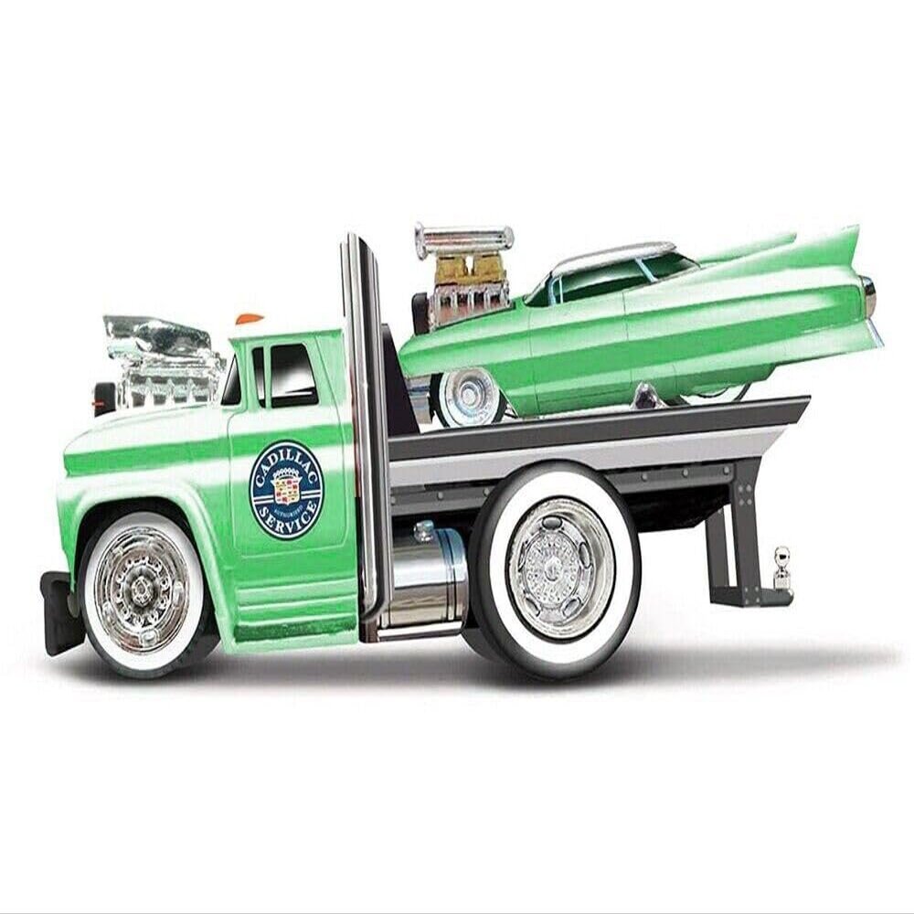 1966 Chevy C60 Flatbed Truck Green Metallic with White Top Service and 1961 Coupe Green Metallic with White Top Muscle Transports Series 1/64 Diecast Models by Muscle Machines 11545GRN