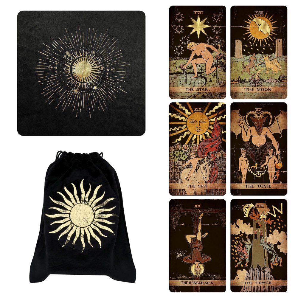 CRAFTERIAN Set of Black Tarot Cards with Cloth and Bag. Tarot Cards, 78 Tarot Deck, Original Tarot Cards for Beginners and Experts with Guide Book