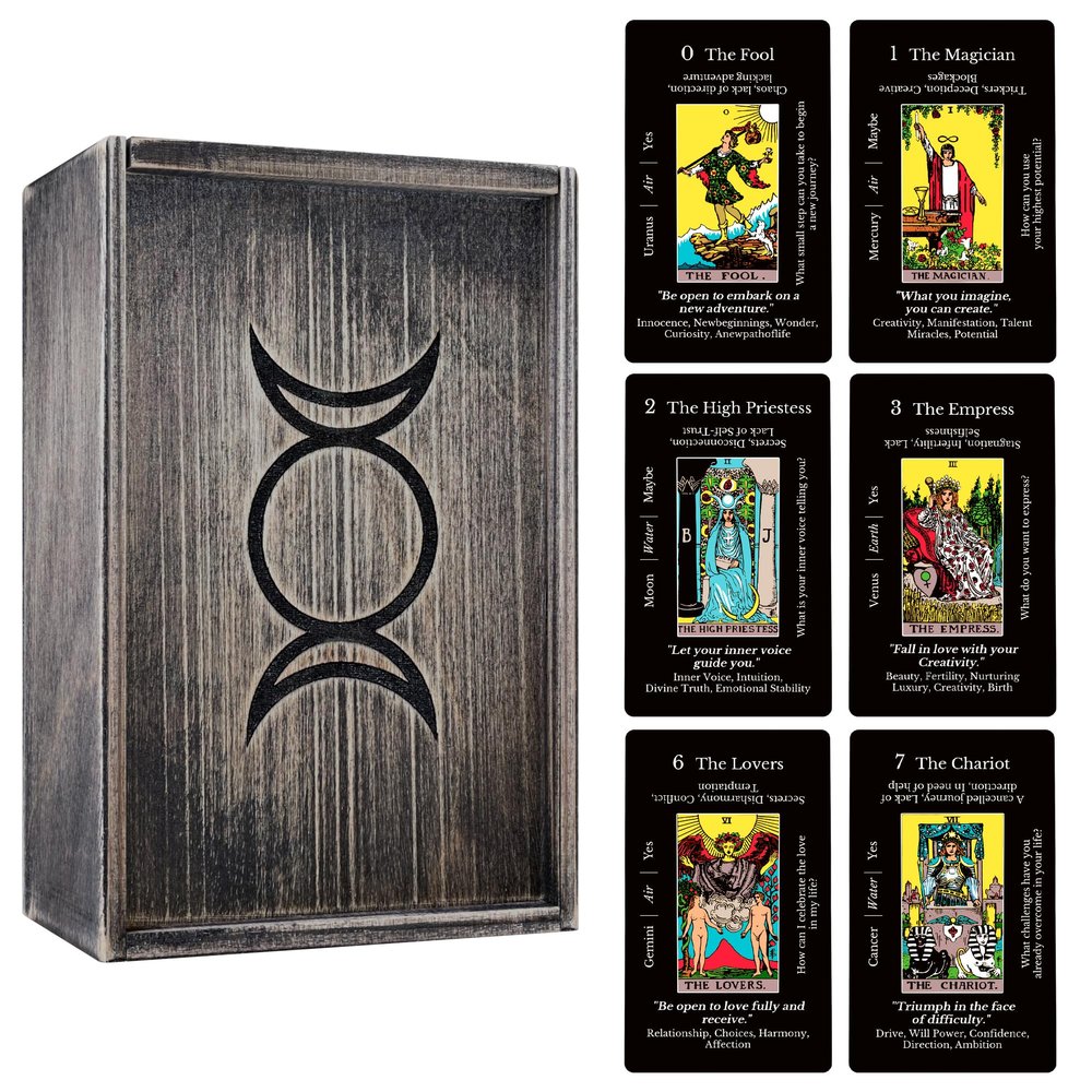 CRAFTERIAN Set of Learning Tarot Cards with Dark Wooden Box, 78 Tarot Deck, Original Tarot Cards for Beginners and Experts with Guide Book.