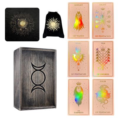 CRAFTERIAN Deluxe Set of Pink Mistyc Tarot Cards, Dark Wooden Box, Cloth and Bag. 78 Tarot Deck, Original Tarot Cards for Beginners and Experts with Guide Book.