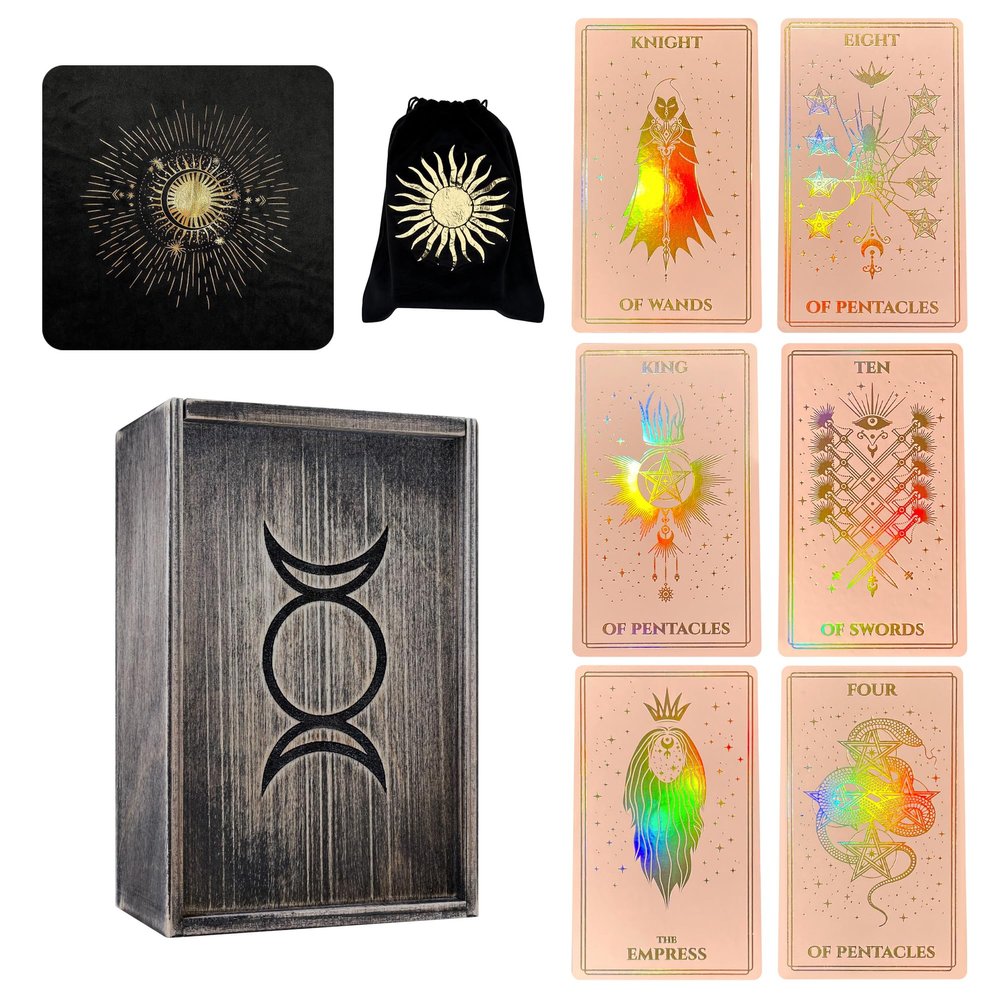CRAFTERIAN Deluxe Set of Pink Mistyc Tarot Cards, Dark Wooden Box, Cloth and Bag. 78 Tarot Deck, Original Tarot Cards for Beginners and Experts with Guide Book.