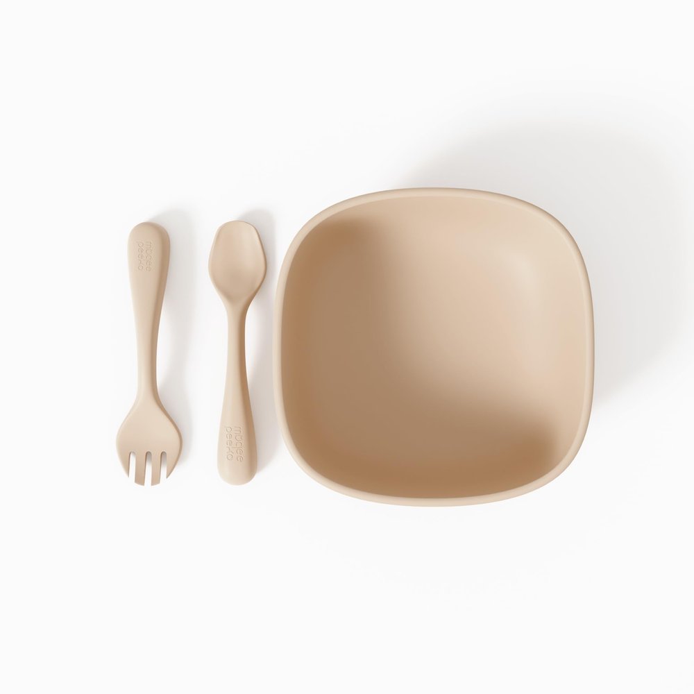 Muqee Peeko Silicone Baby Feeding Set with suction bowls for baby baby utensils 6-12 months in Beige color - (3 Piece Set) made with Baby Safe Silicone bowls for baby