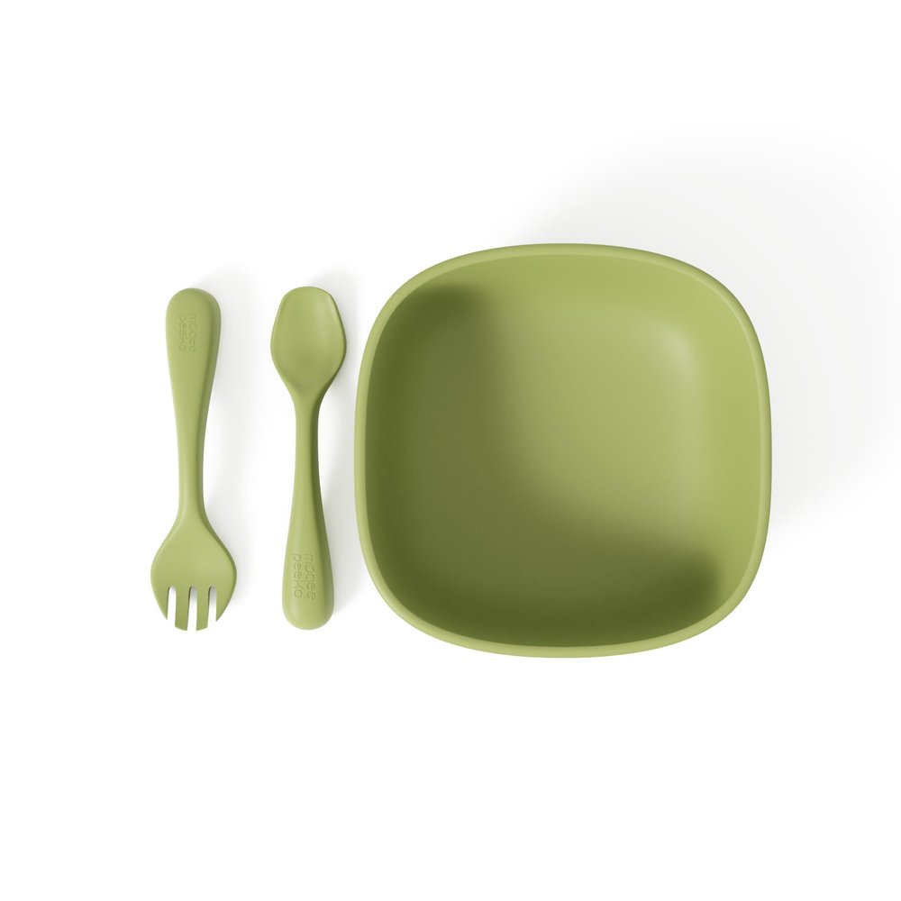 Muqee Peeko Baby Led Weaning Supplies including Baby Bowls Baby Spoons and Forks in Green Color - (3 Piece Set) made with Baby Safe Silicone baby feeding set
