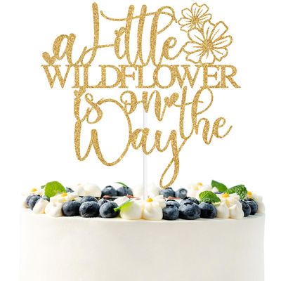 Gold Glitter A Little Wildflower is on the Way Cake Topper, She is A Wildflower/Sweet Baby, Funny Spring Flower Themed Baby Shower Party Decorations Supplies
