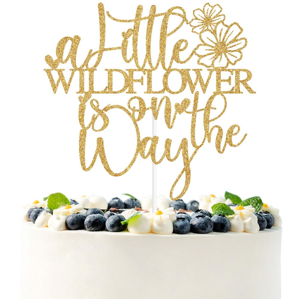 Gold Glitter A Little Wildflower is on the Way Cake Topper, She is A Wildflower/Sweet Baby, Funny Spring Flower Themed Baby Shower Party Decorations Supplies