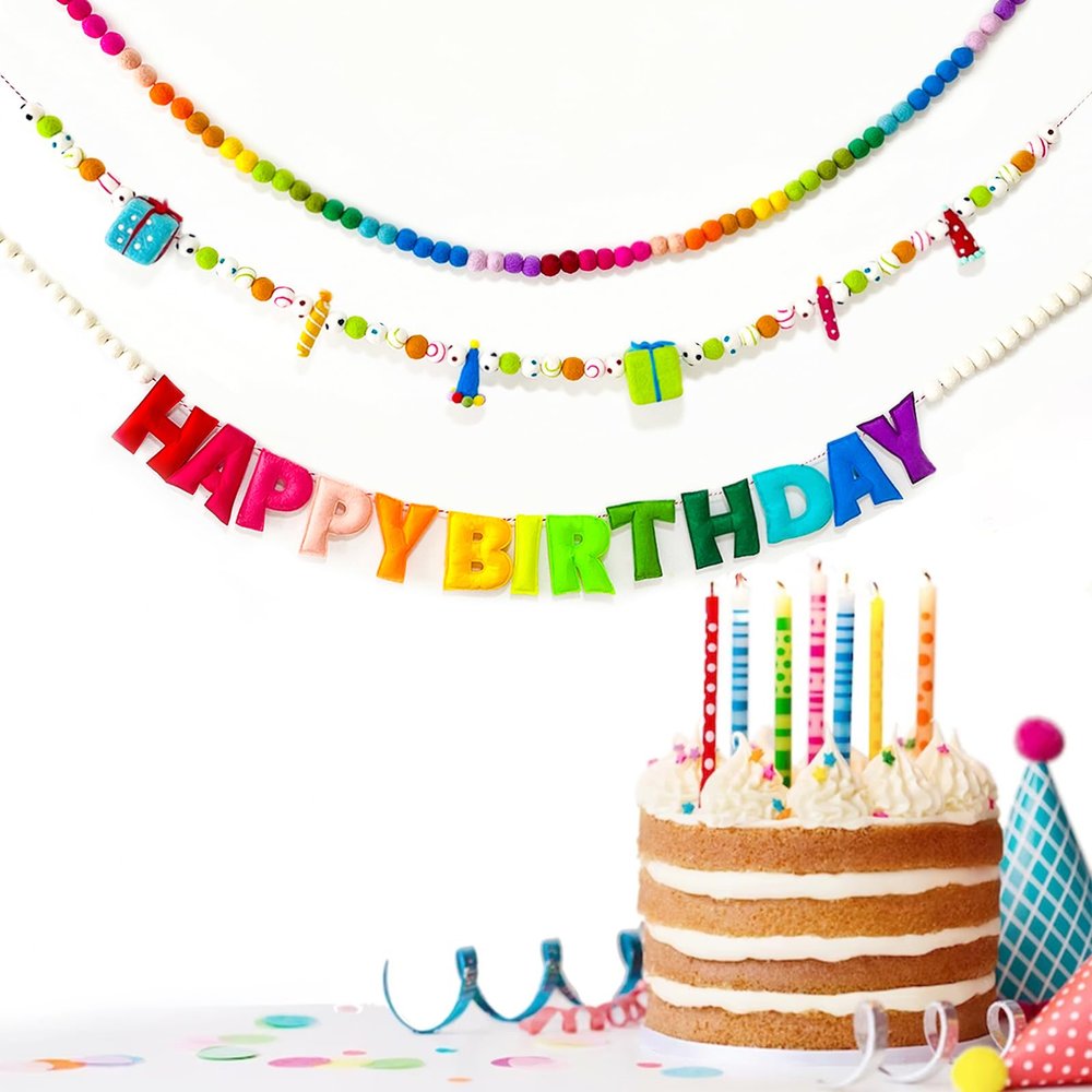 3Pcs Pre-Strung Happy Birthday Banner with Wool Balls, Rainbow Party Decorations, Reusable Happy Birthday Felt Ball Garland, Personalized Holiday Sign for Birthday Party Decor, Home Classroom Decor, Photo Prop (Birthday Banner + Felt Garland + Rainbo