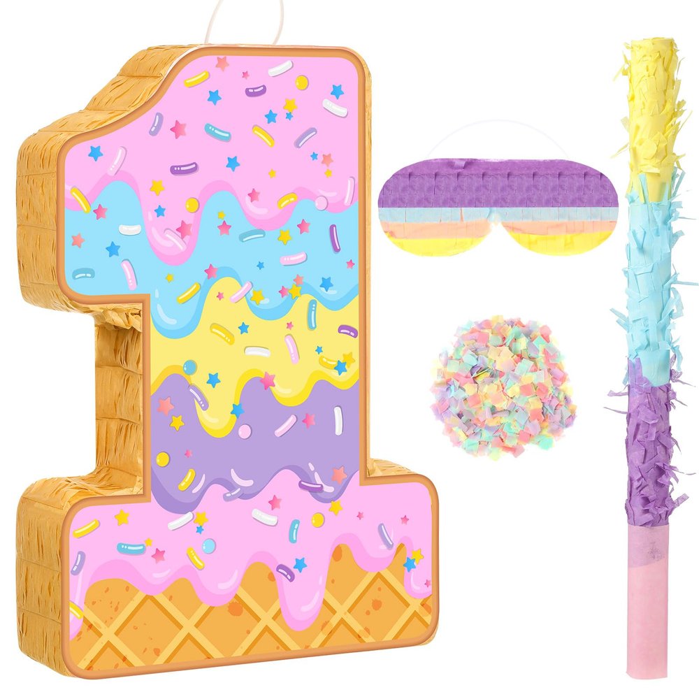 Aoriher Summer Birthday Piata Ice Cream Game Set Summer Number Piata with Bat Stick Blindfold Mask Confetti for Sundae Theme Birthday Baby Shower Party Game Supplies Decor(Number 1)