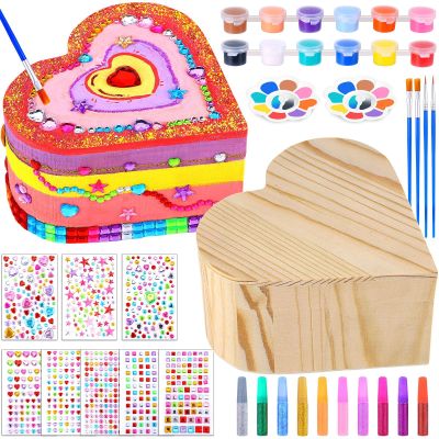 2 Pack Paint Your Own Wooden Jewelry Box DIY Crafts Kits Treasure Box Craft Kit Arts and Crafts for Kids Ages 3-12 Creative Activity Toys Birthday Gifts Valentines Mother's Day Party Favors (Heart)