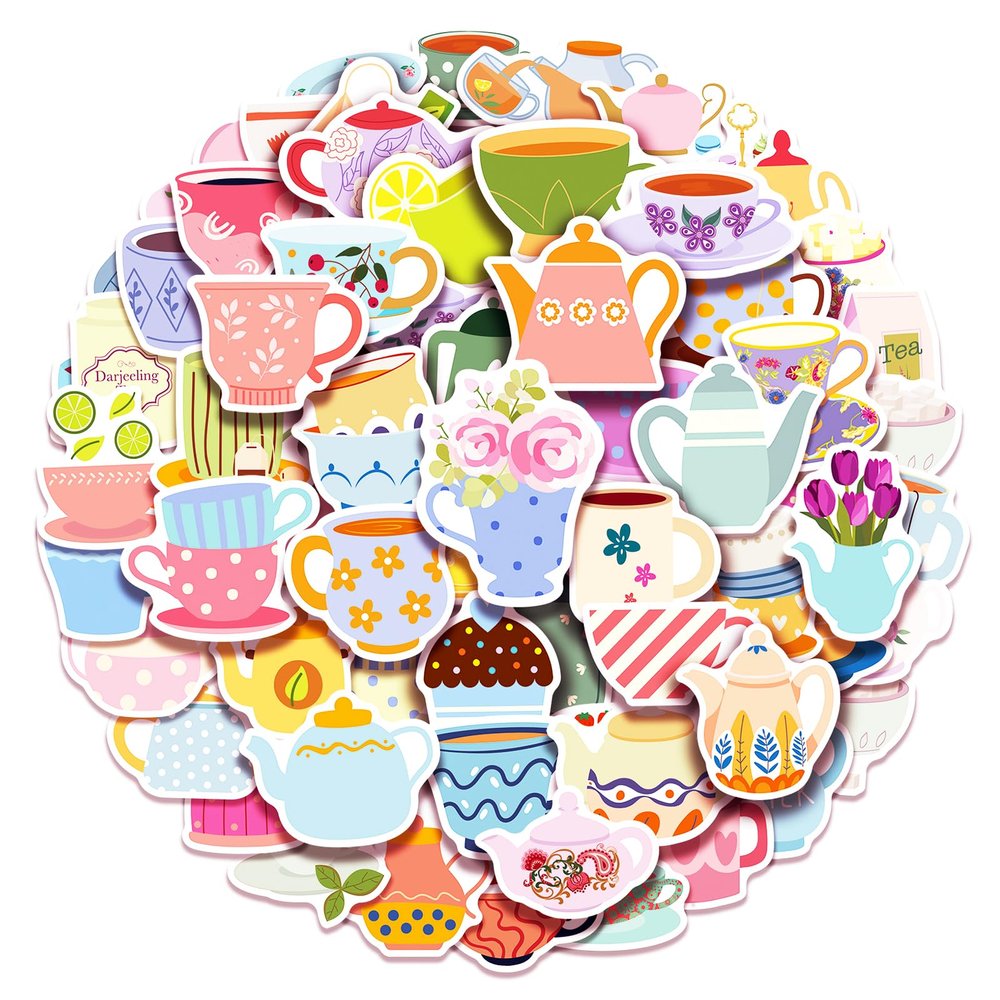 100 Pack Tea Stickers, Floral Tea Time Party Favors, Birthday Decorations Gifts